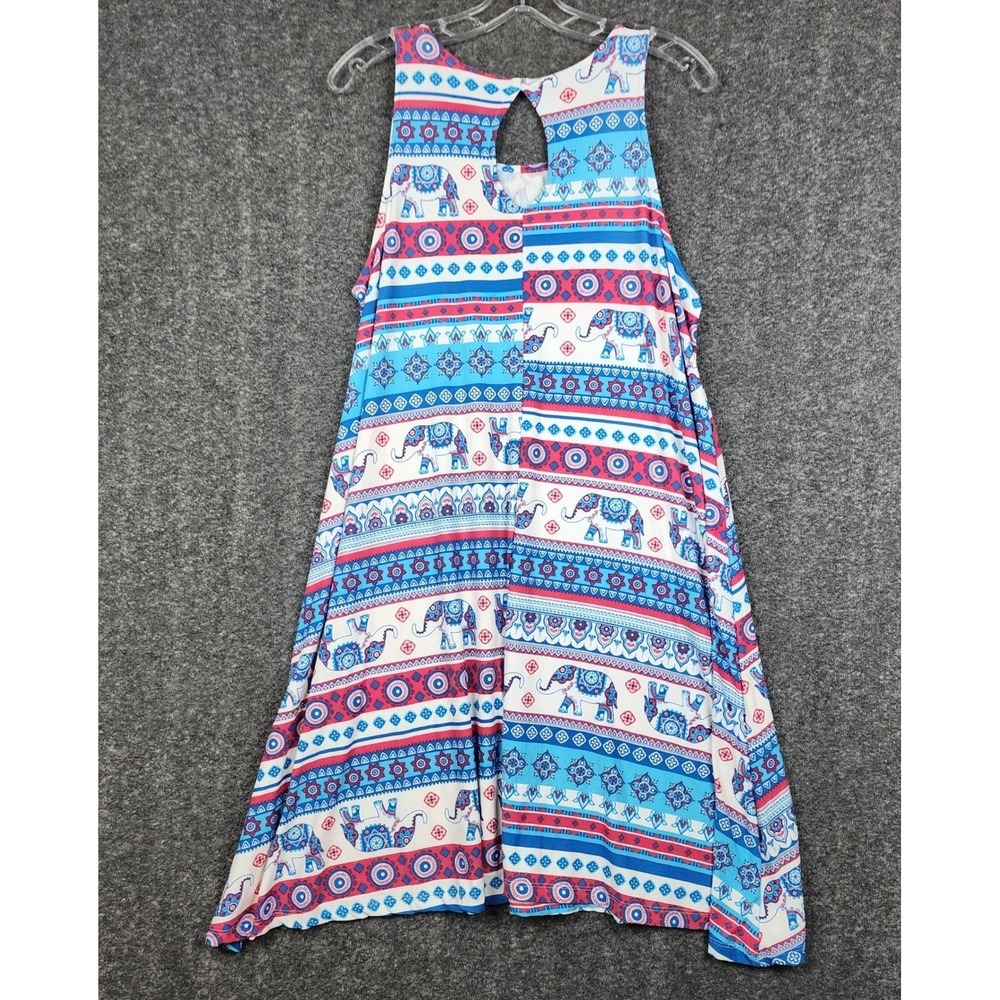 Bobbie Brooks Swing Dress Women Large Blue Red Elephant Print Keyhole Back - Picture 2 of 5